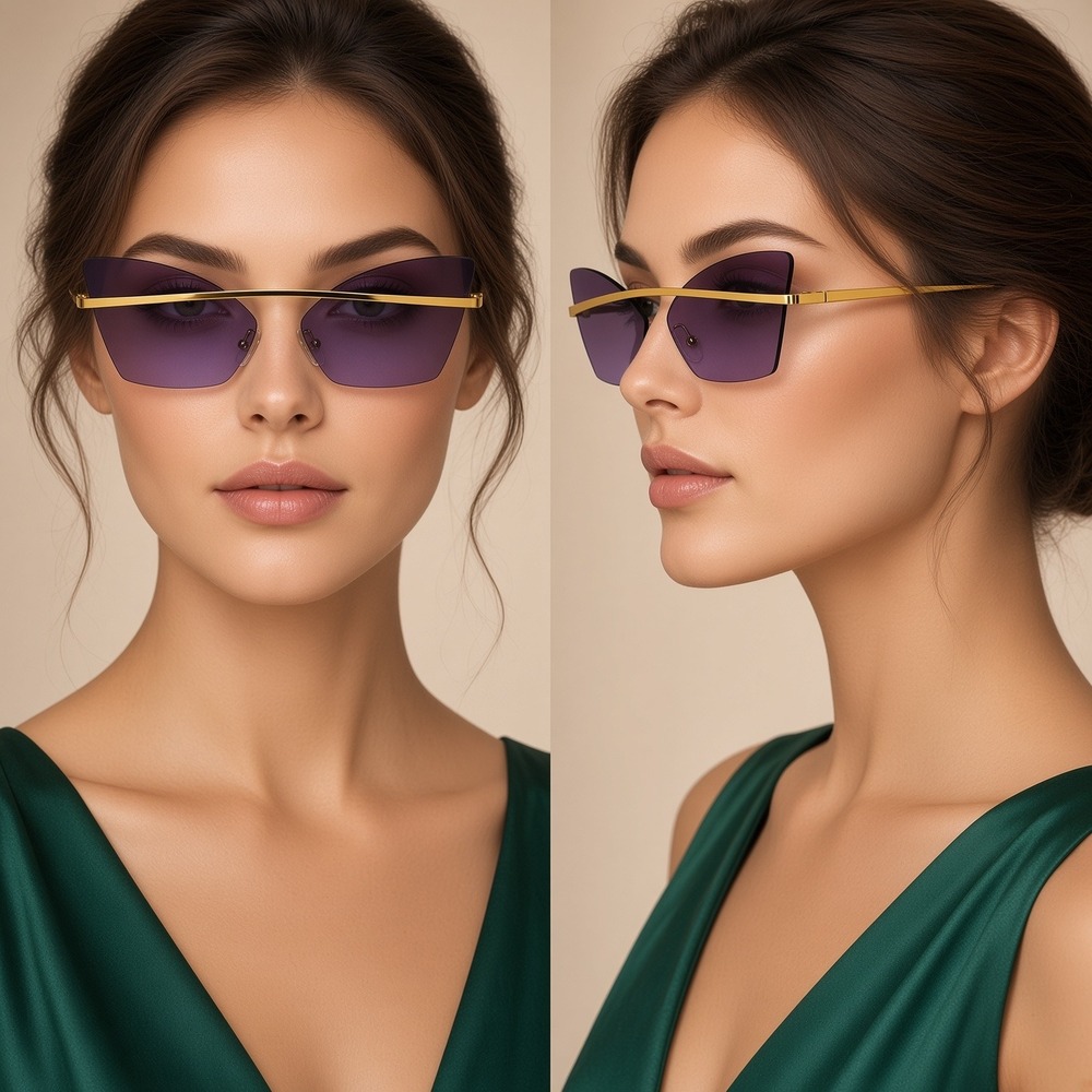 Womens Rimless Cat Eye Sunglasses Purple Gradient Lens Gold Metal Brow Bar Trend